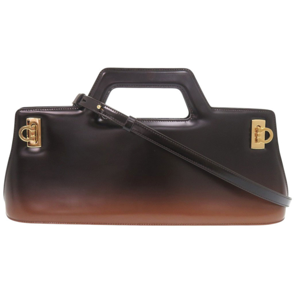 Salvatore Ferragamo Wanda Gancini Patent Leather Black Brown 2-Way Handbag Sh...